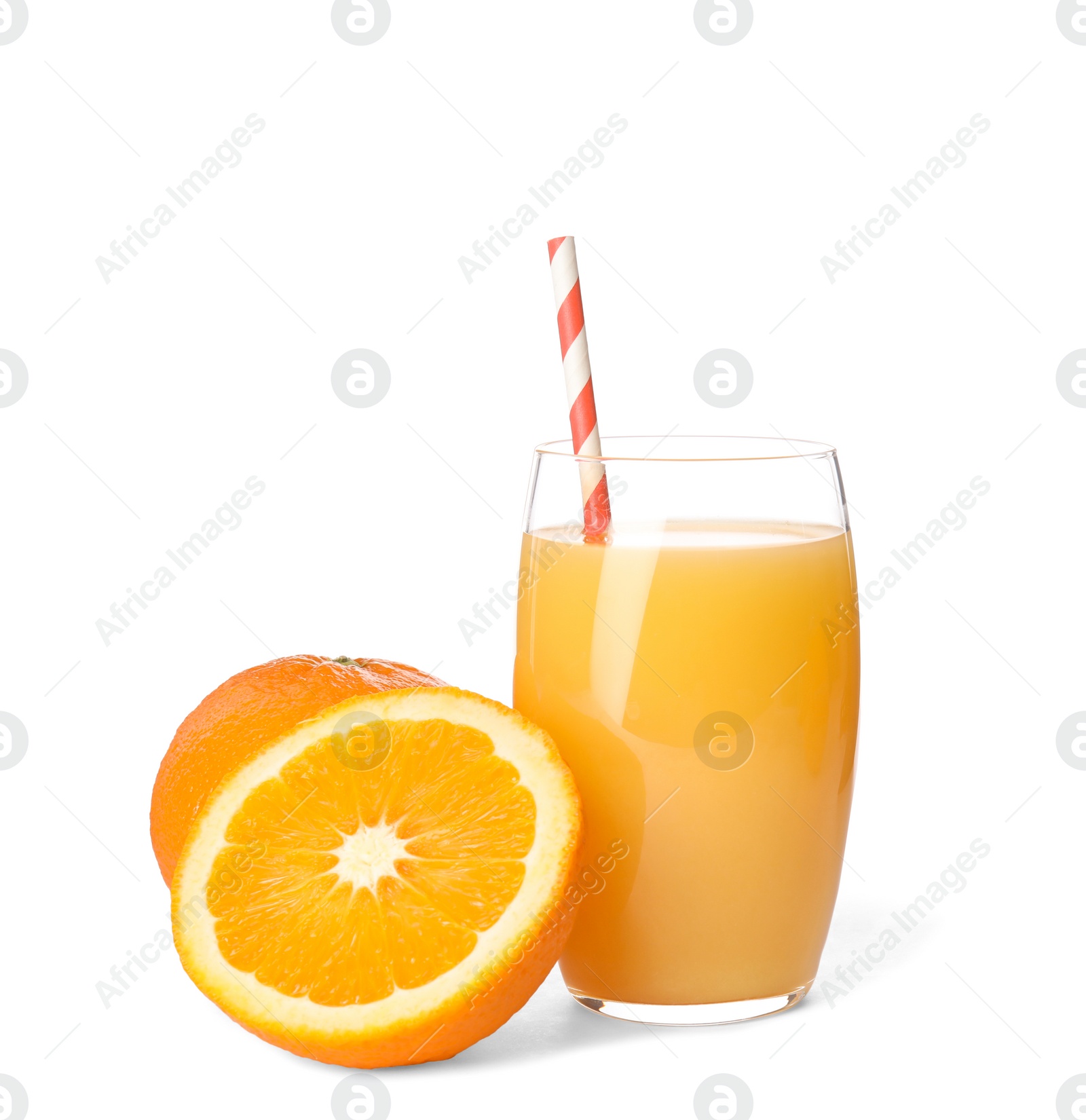 Photo of Glass of orange juice and fresh fruit on white background