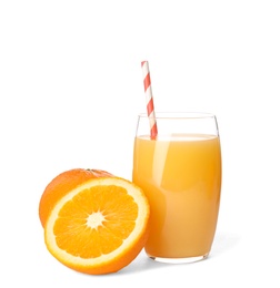 Photo of Glass of orange juice and fresh fruit on white background