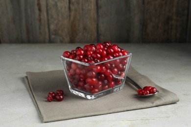 Photo of Cranberries in bowl and spoon on light grey table