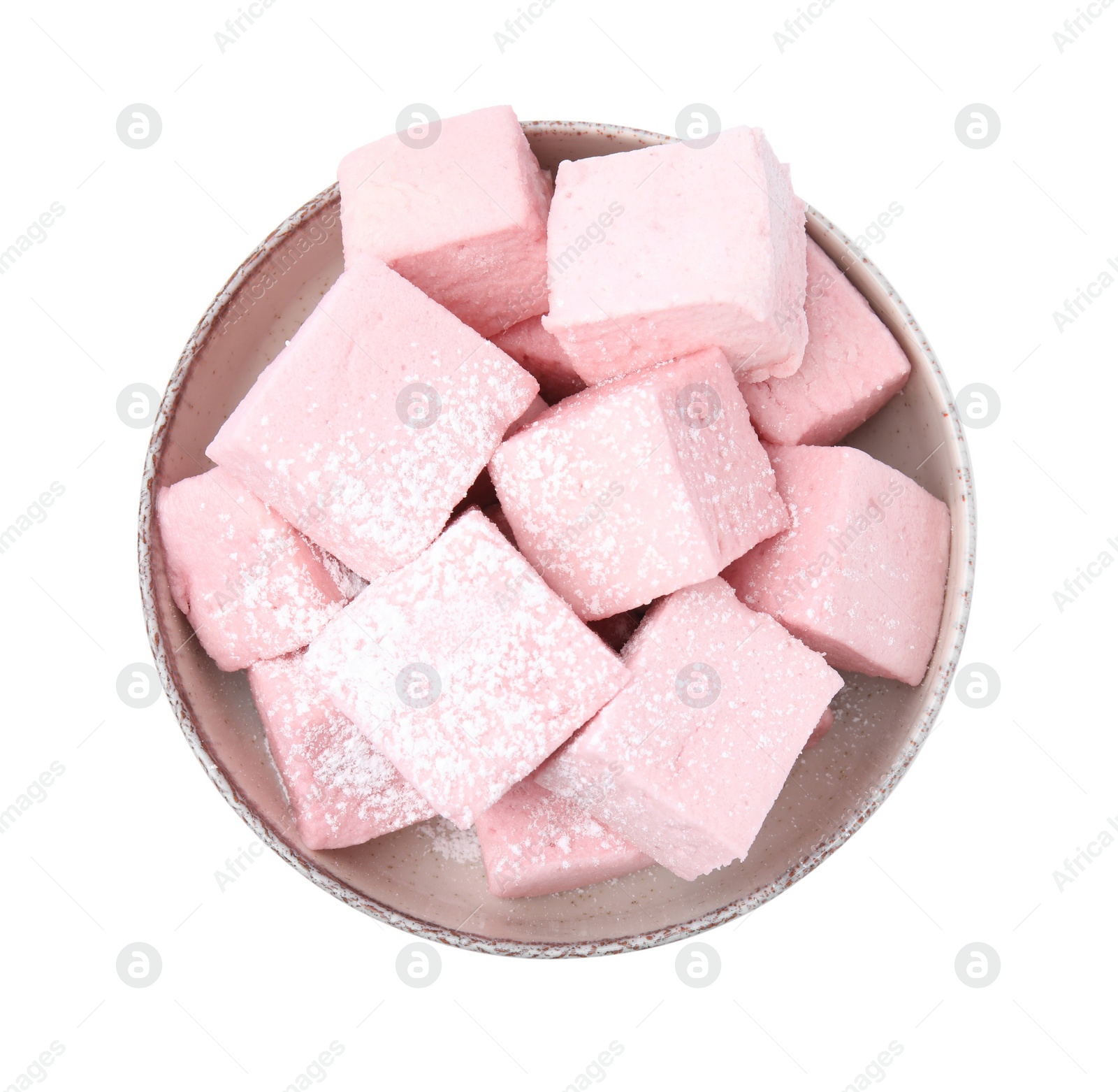 Photo of Bowl of delicious sweet marshmallows powdered sugar isolated on white, top view