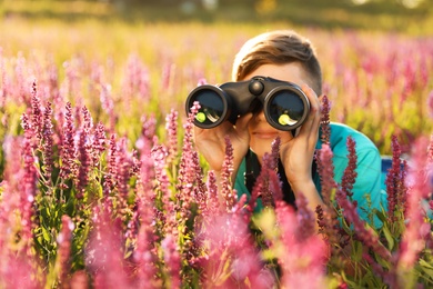 Photo of Teenage boy with binoculars in field. Summer camp