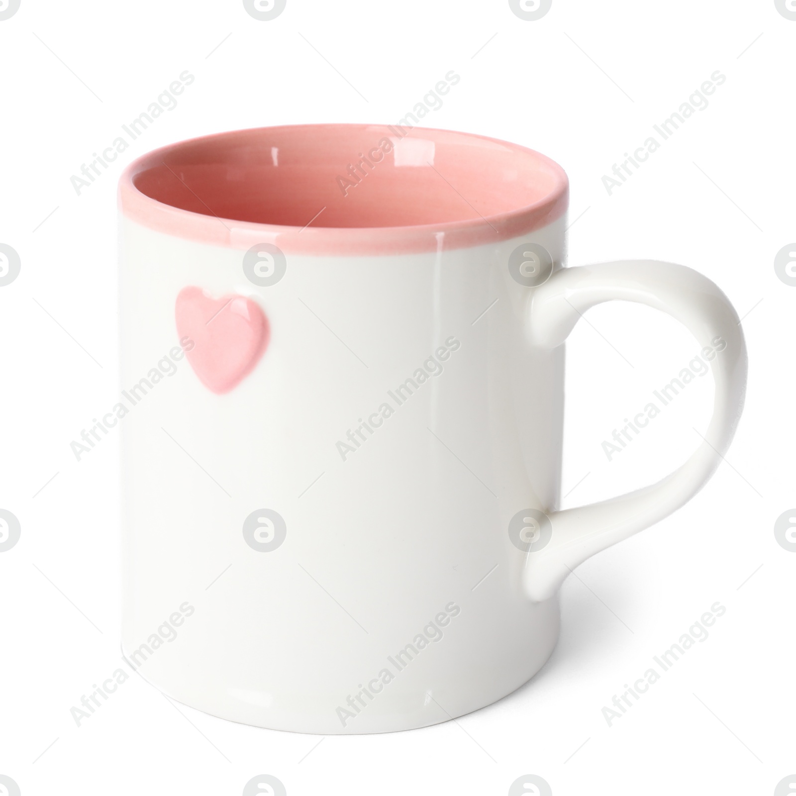Photo of One clean ceramic cup with pink heart isolated on white