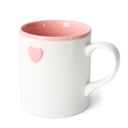 One clean ceramic cup with pink heart isolated on white