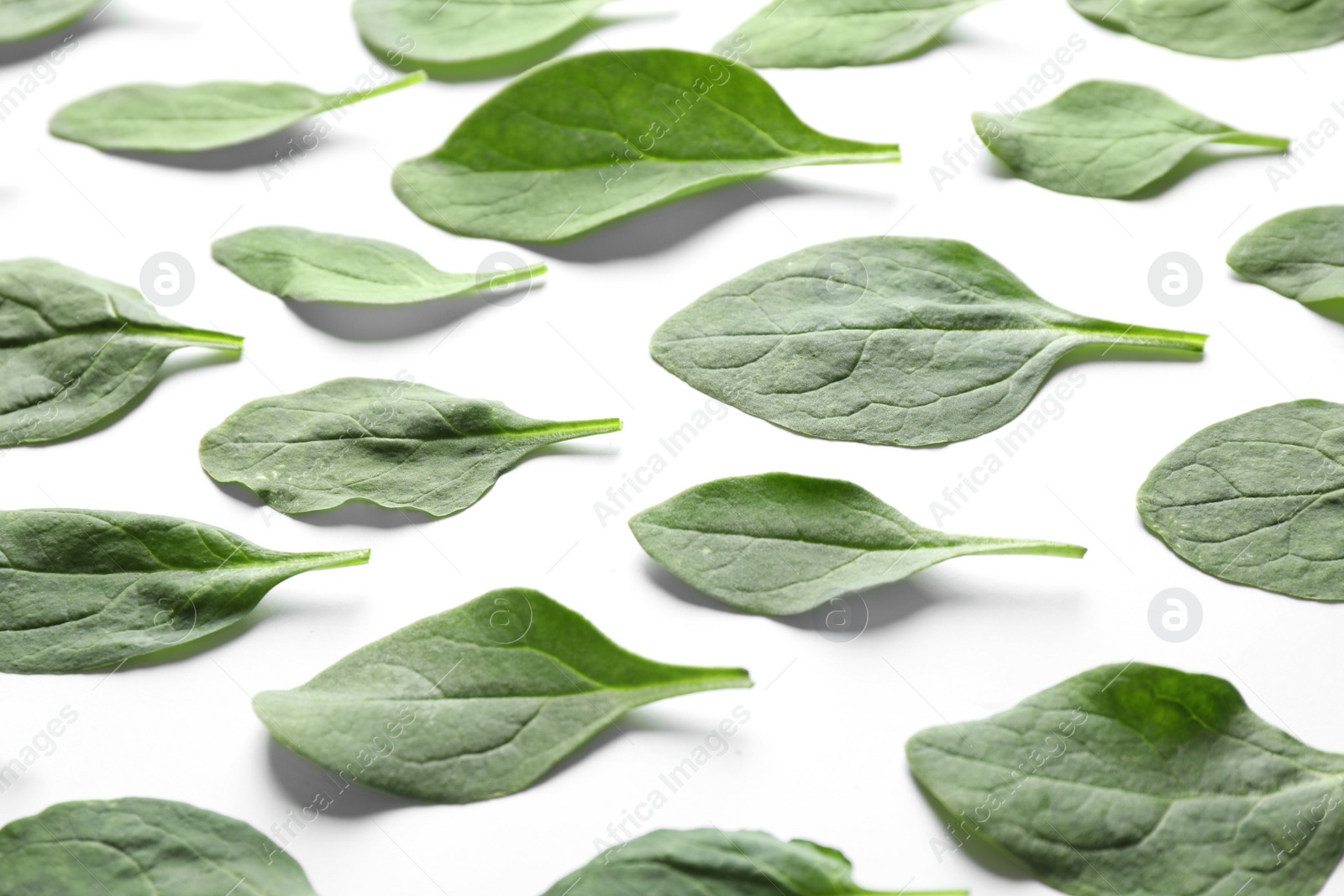 Photo of Fresh green healthy spinach leaves on white background