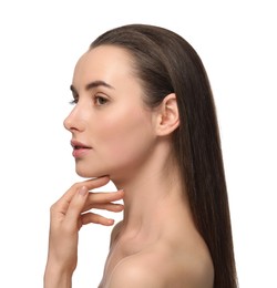 Portrait of beautiful young woman on white background