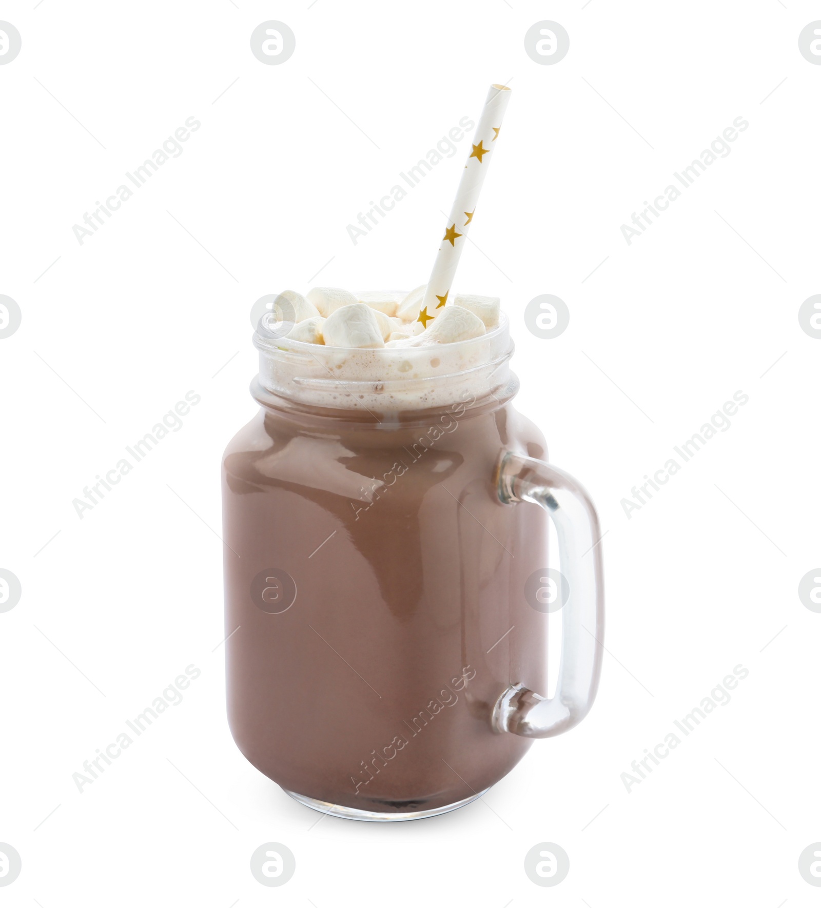 Photo of Delicious cocoa with marshmallows in mason jar on white background