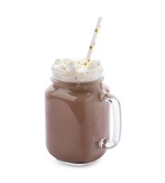 Photo of Delicious cocoa with marshmallows in mason jar on white background