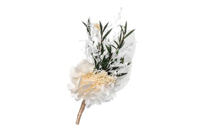 Photo of Boutonniere with beautiful flowers isolated on white