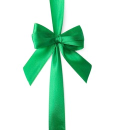 Photo of Green satin ribbon with bow isolated on white, top view