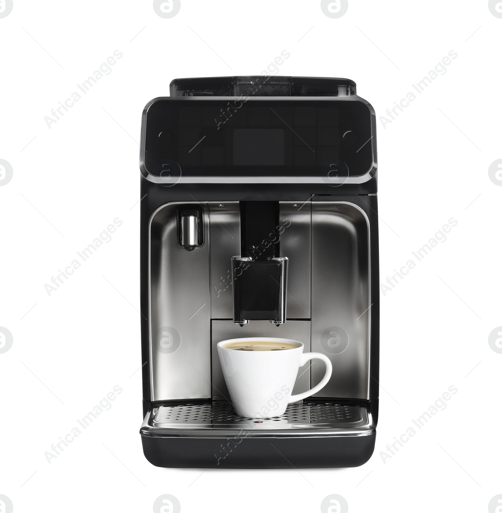 Photo of Modern espresso machine with cup of coffee isolated on white