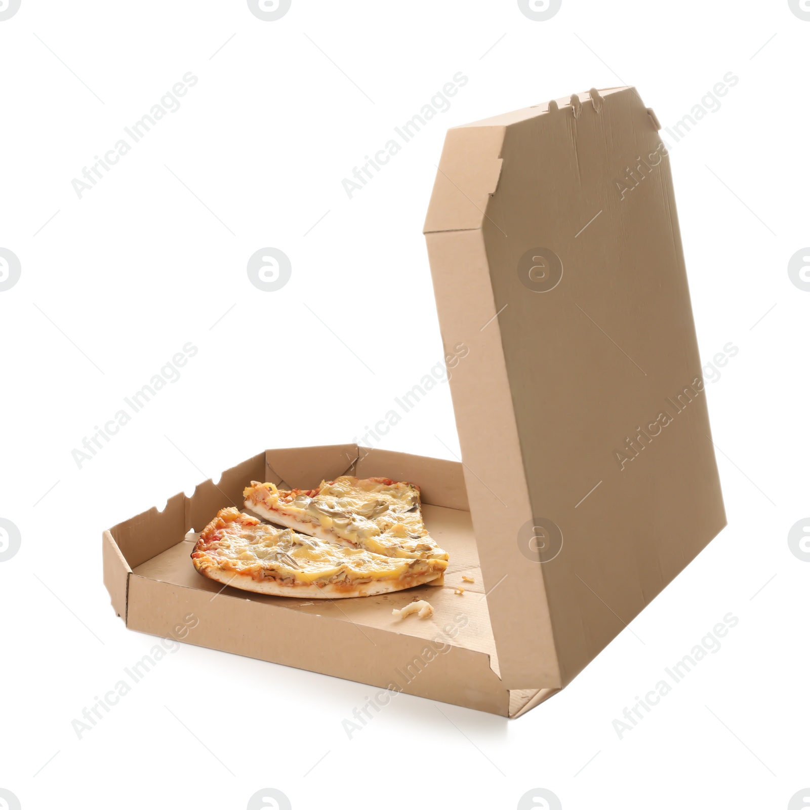 Photo of Cardboard box with pizza pieces on white background. Mockup for design