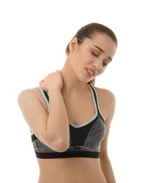 Photo of Young woman suffering from pain in neck on white background