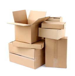 Photo of Pile of cardboard boxes on white background