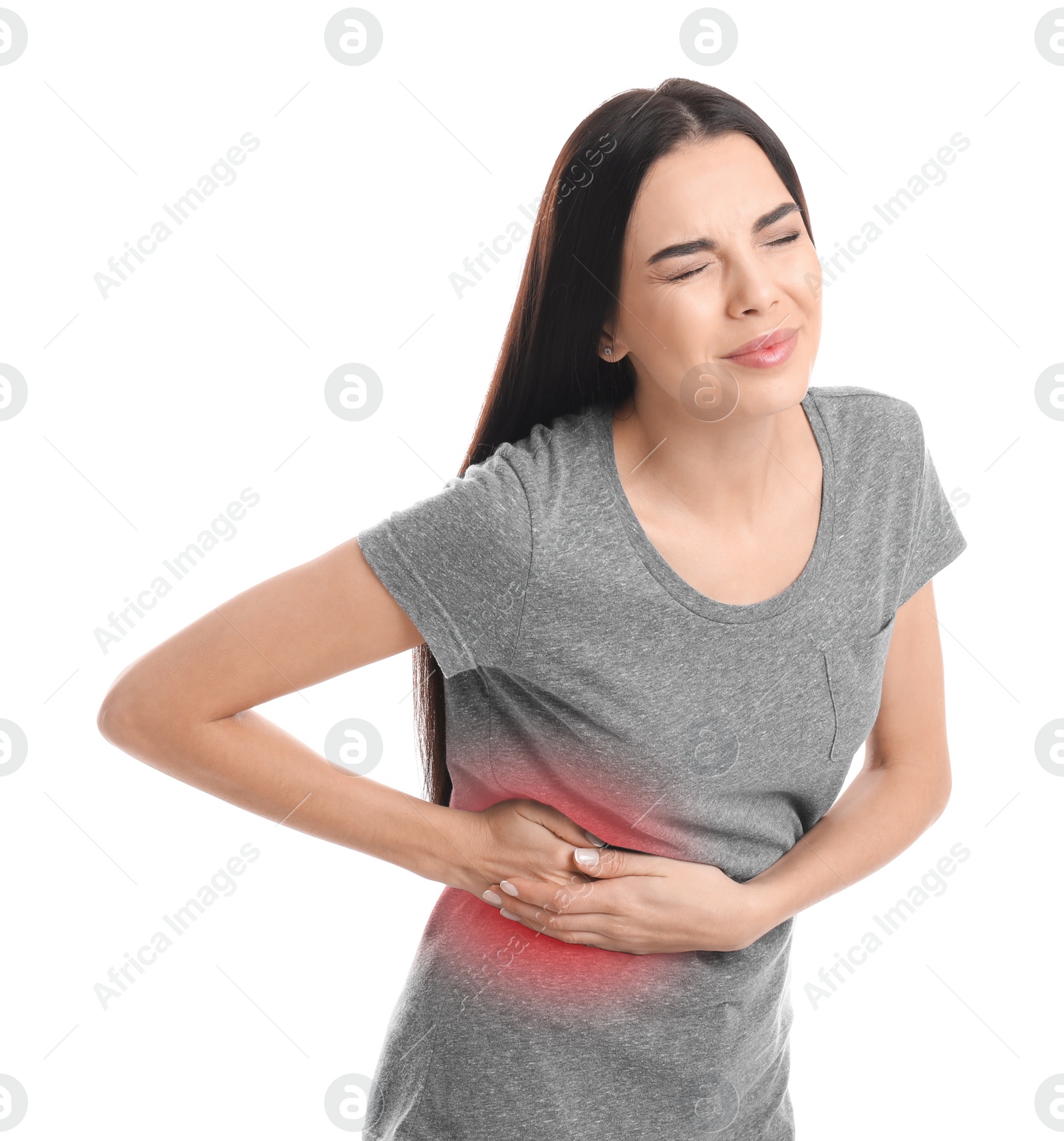 Photo of Woman suffering from liver pain on white background