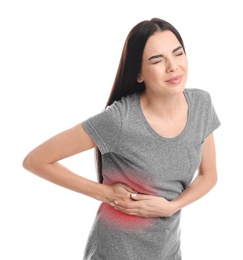 Woman suffering from liver pain on white background