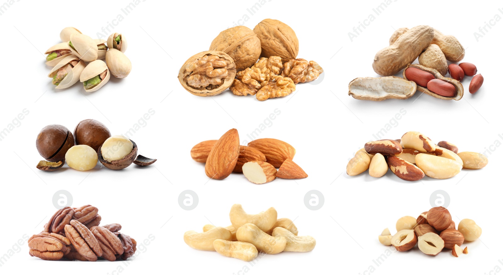 Image of Collage with piles of different nuts on white background. Source of nutrients