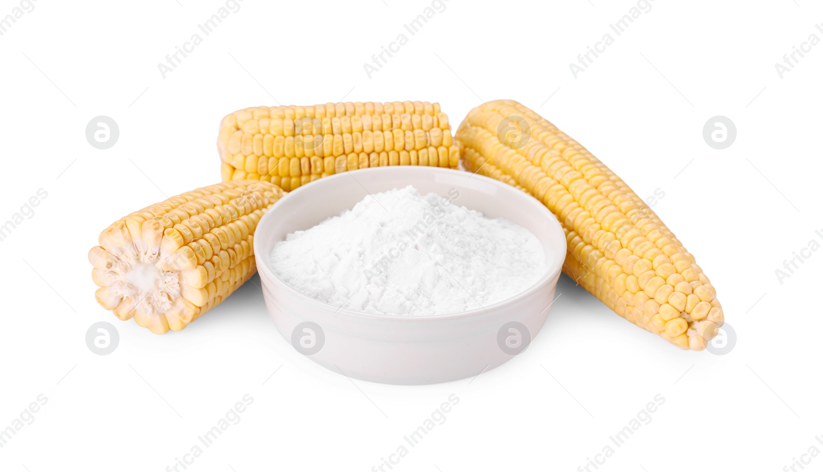 Photo of Bowl with corn starch and ripe cobs isolated on white