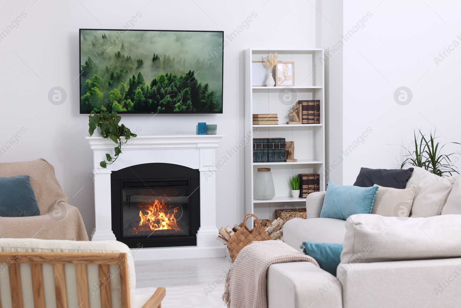 Photo of Stylish living room interior with cozy sofa, TV set and fireplace