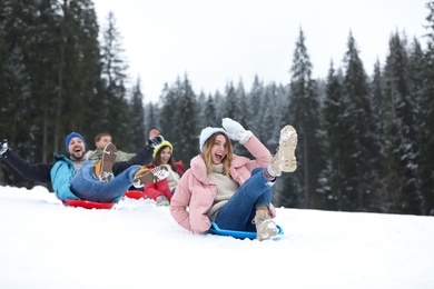 Happy friends sliding on sleds outdoors. Winter vacation