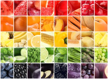 Image of Different fresh fruits, vegetables and berries, collage 