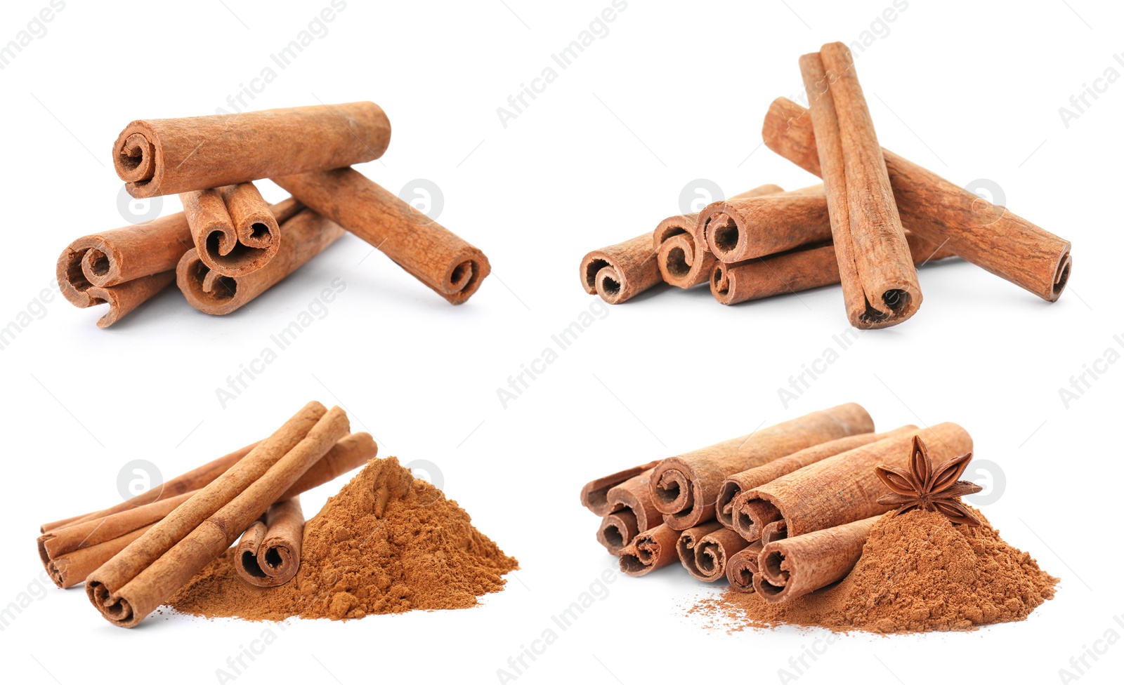 Image of Set with aromatic cinnamon sticks and powder on white background