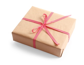 Photo of Beautifully wrapped gift box on white background