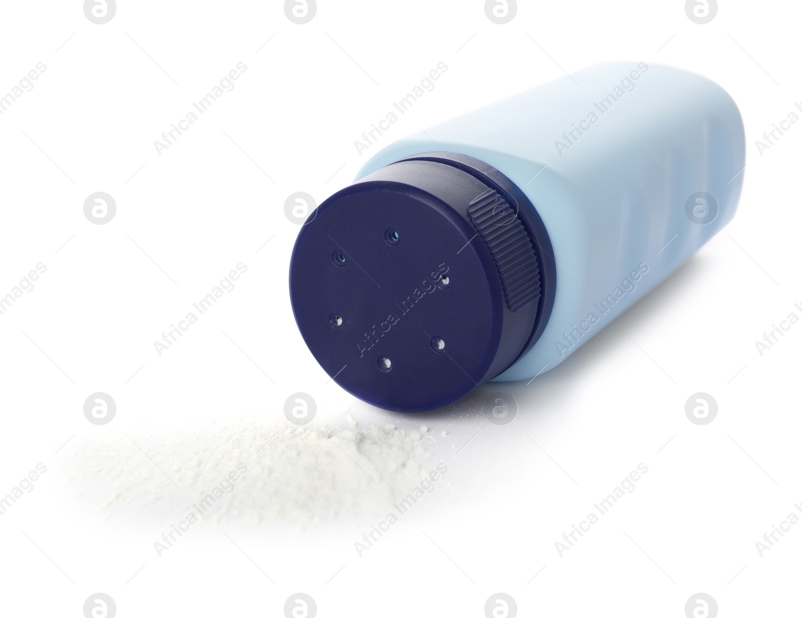 Photo of Bottle and scattered dusting powder on white background. Baby cosmetic product