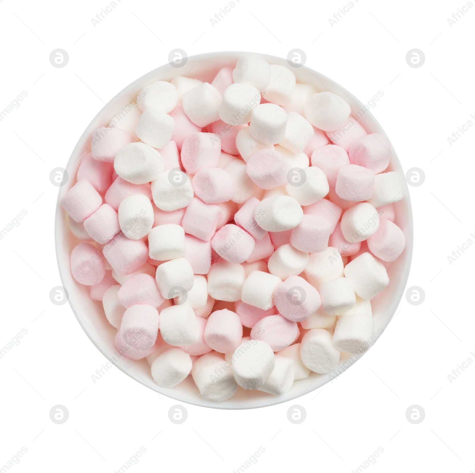 Photo of Bowl with delicious sweet marshmallow isolated on white, top view