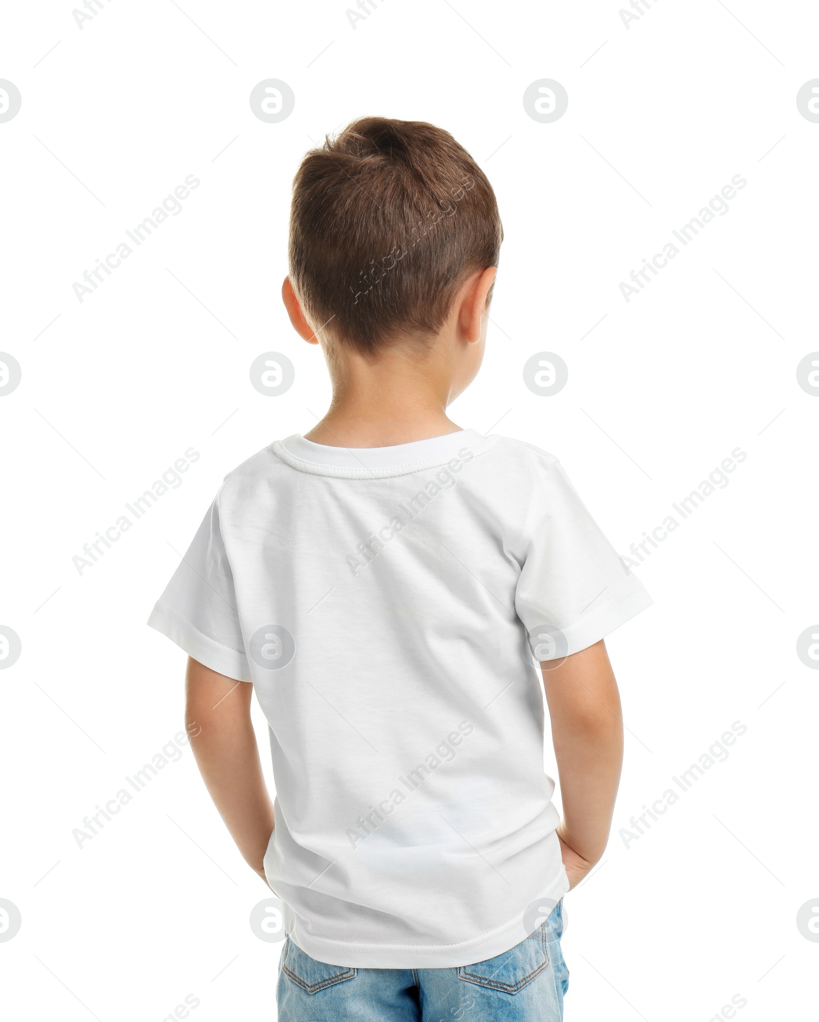 Photo of Little boy in t-shirt on white background. Mockup for design