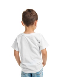 Little boy in t-shirt on white background. Mockup for design