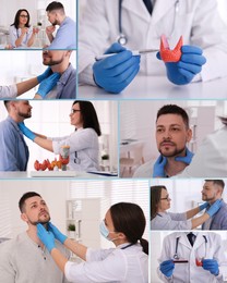 Image of Prevention thyroid diseases. Collage with different photos of doctor and patient