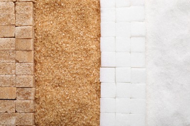 Different types of sugar as background, top view