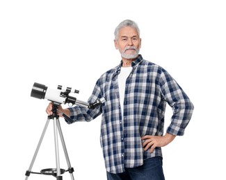 Photo of Senior astronomer with telescope on white background