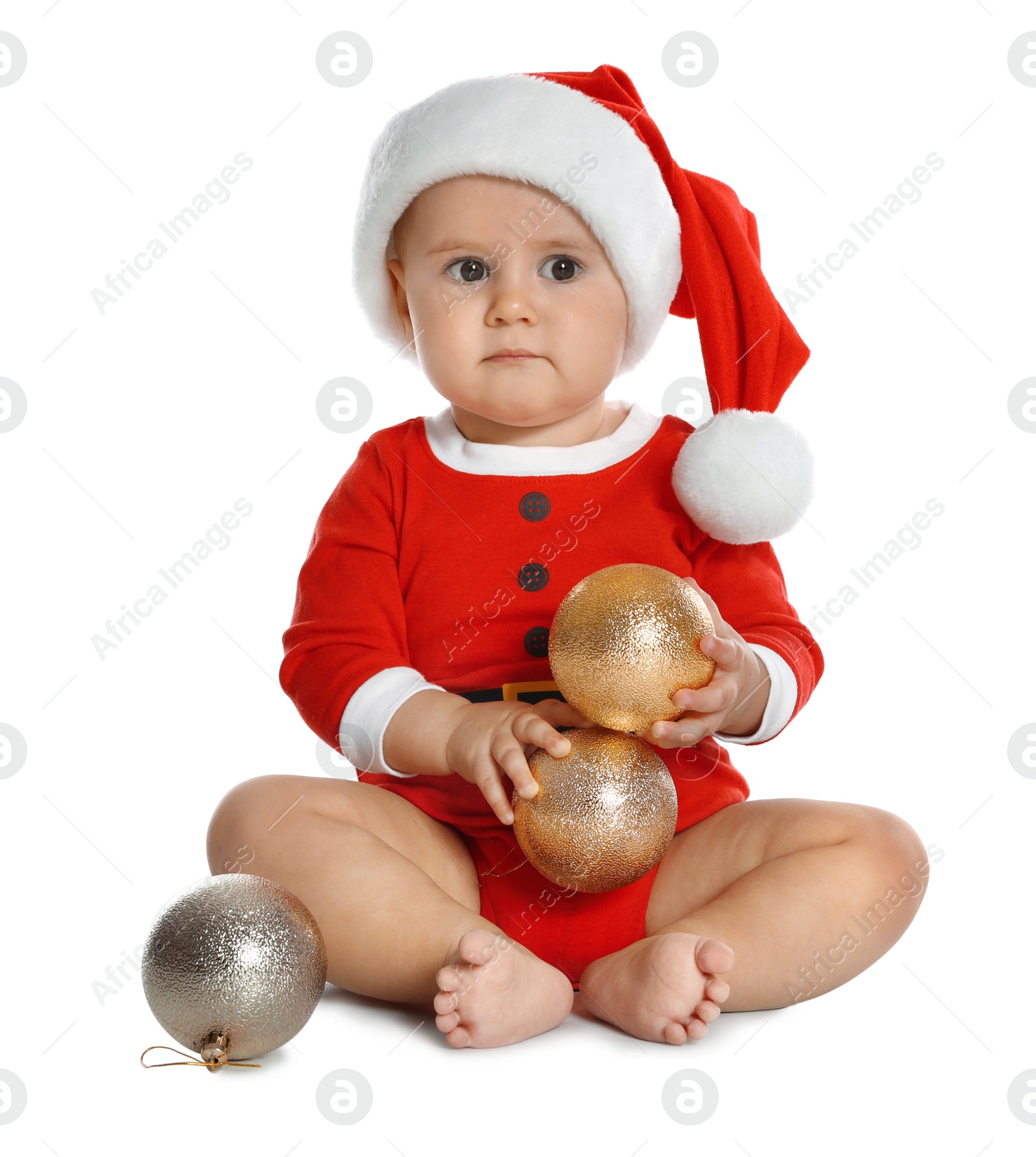 Photo of Cute little baby wearing festive Christmas costume on white background