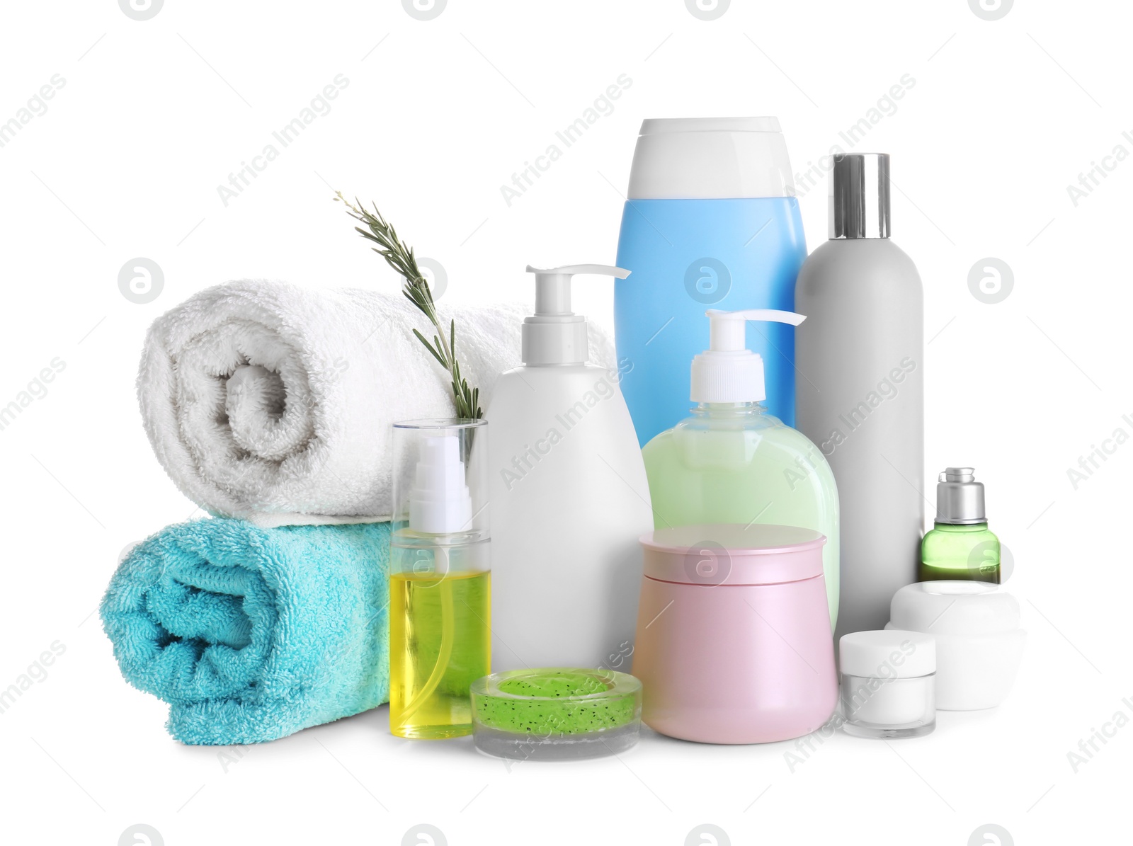 Photo of Composition of body care products on white background