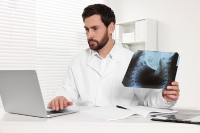 Photo of Doctor holding neck MRI scan and working on laptop in hospital