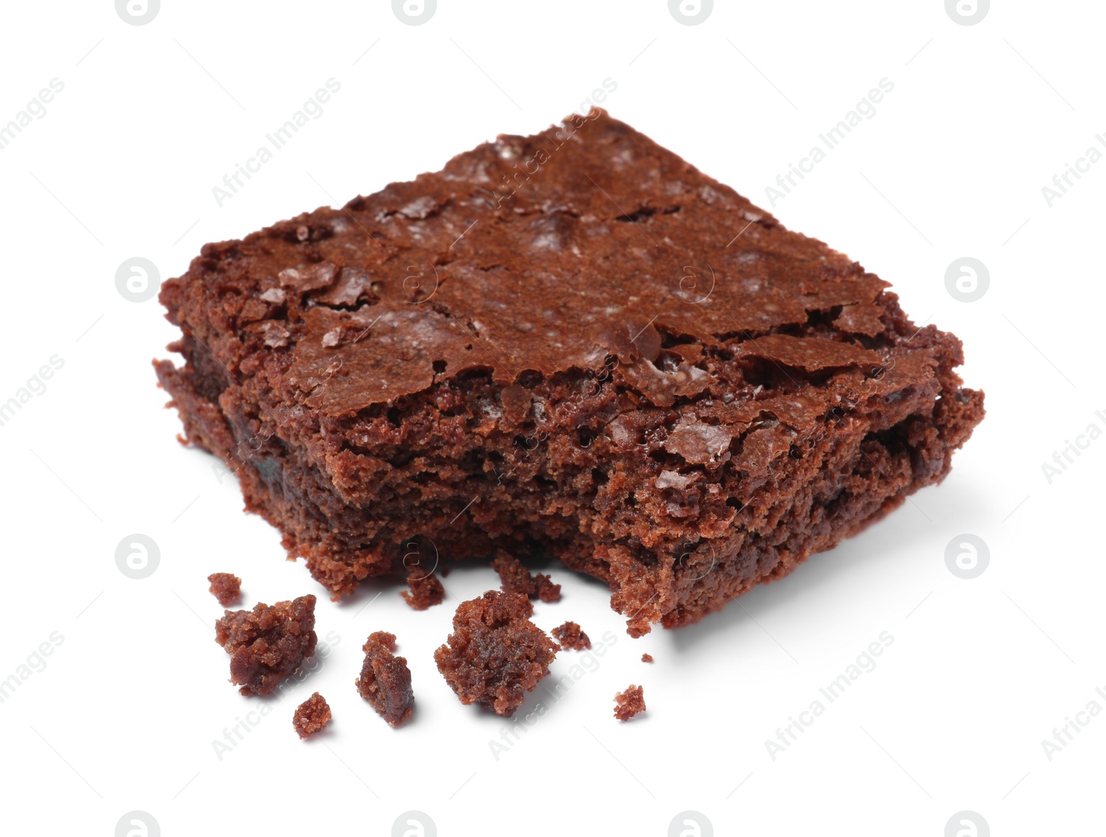 Photo of Bitten delicious chocolate brownie on white background