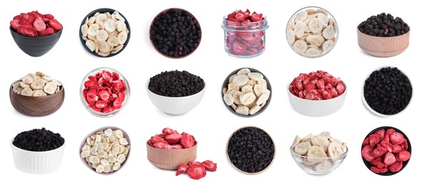 Image of Set with different freeze dried berries and bananas on white background