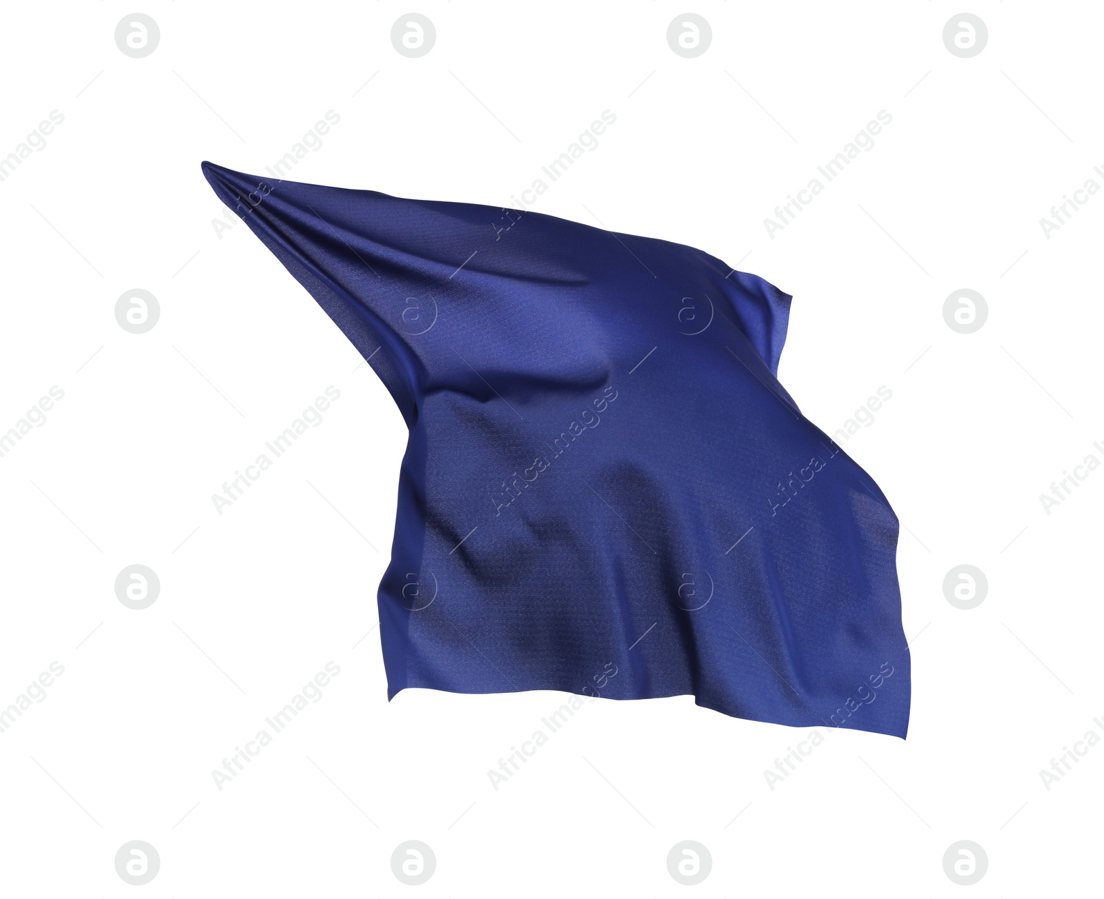 Photo of Beautiful delicate blue silk floating on white background