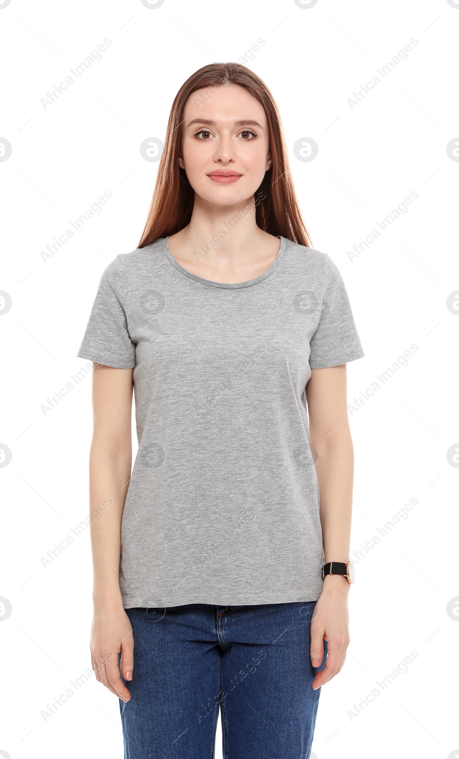 Photo of Young woman in t-shirt on white background. Mock up for design