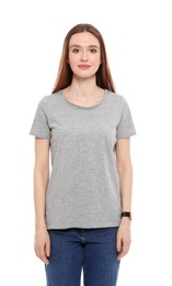 Young woman in t-shirt on white background. Mock up for design