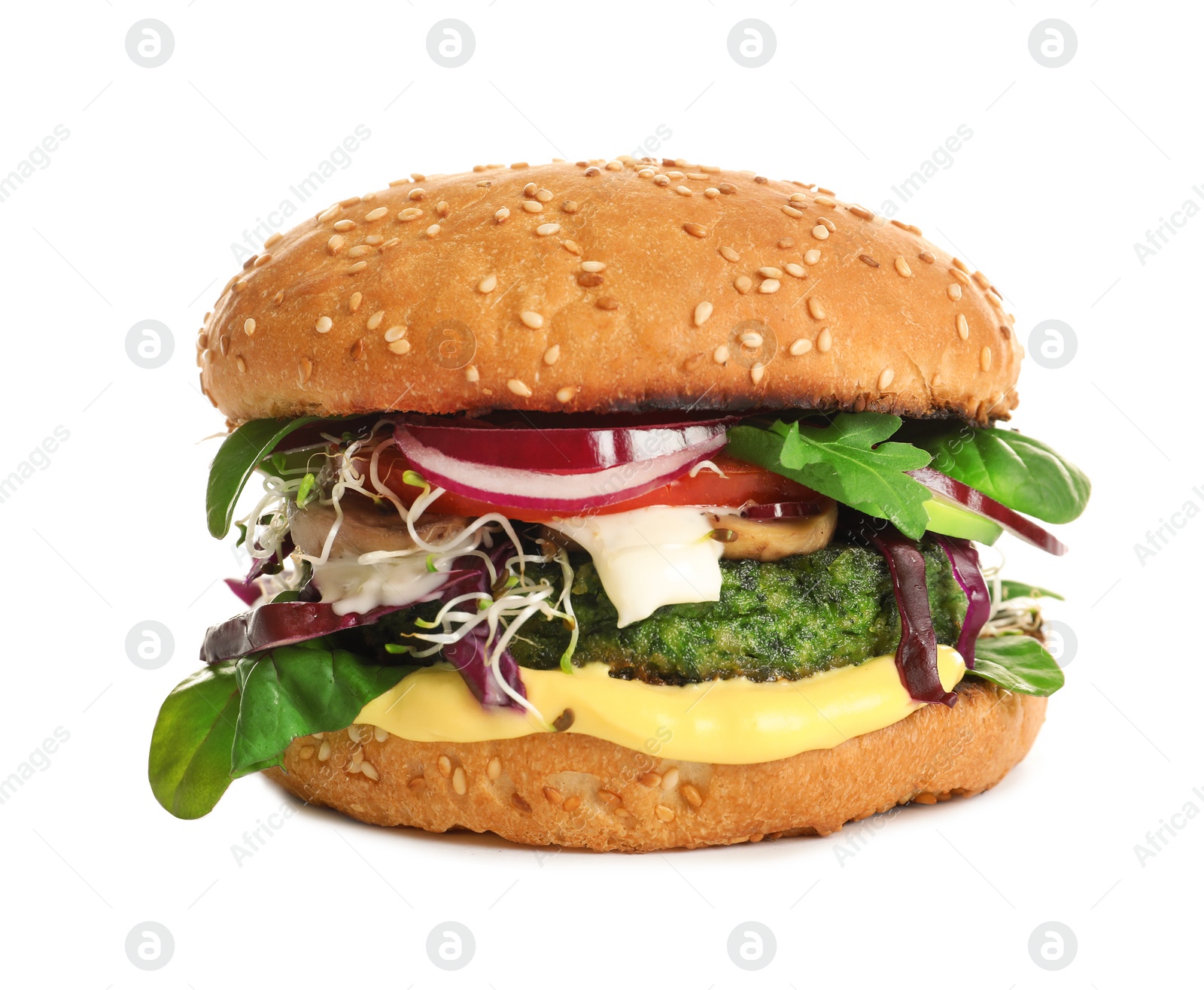 Photo of Tasty vegetarian burger with spinach cutlet on white background