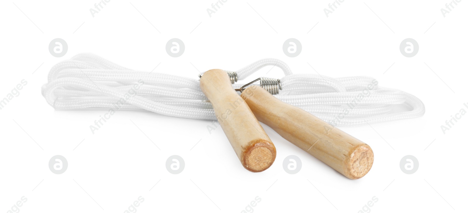 Photo of Skipping rope on white background. Sports equipment