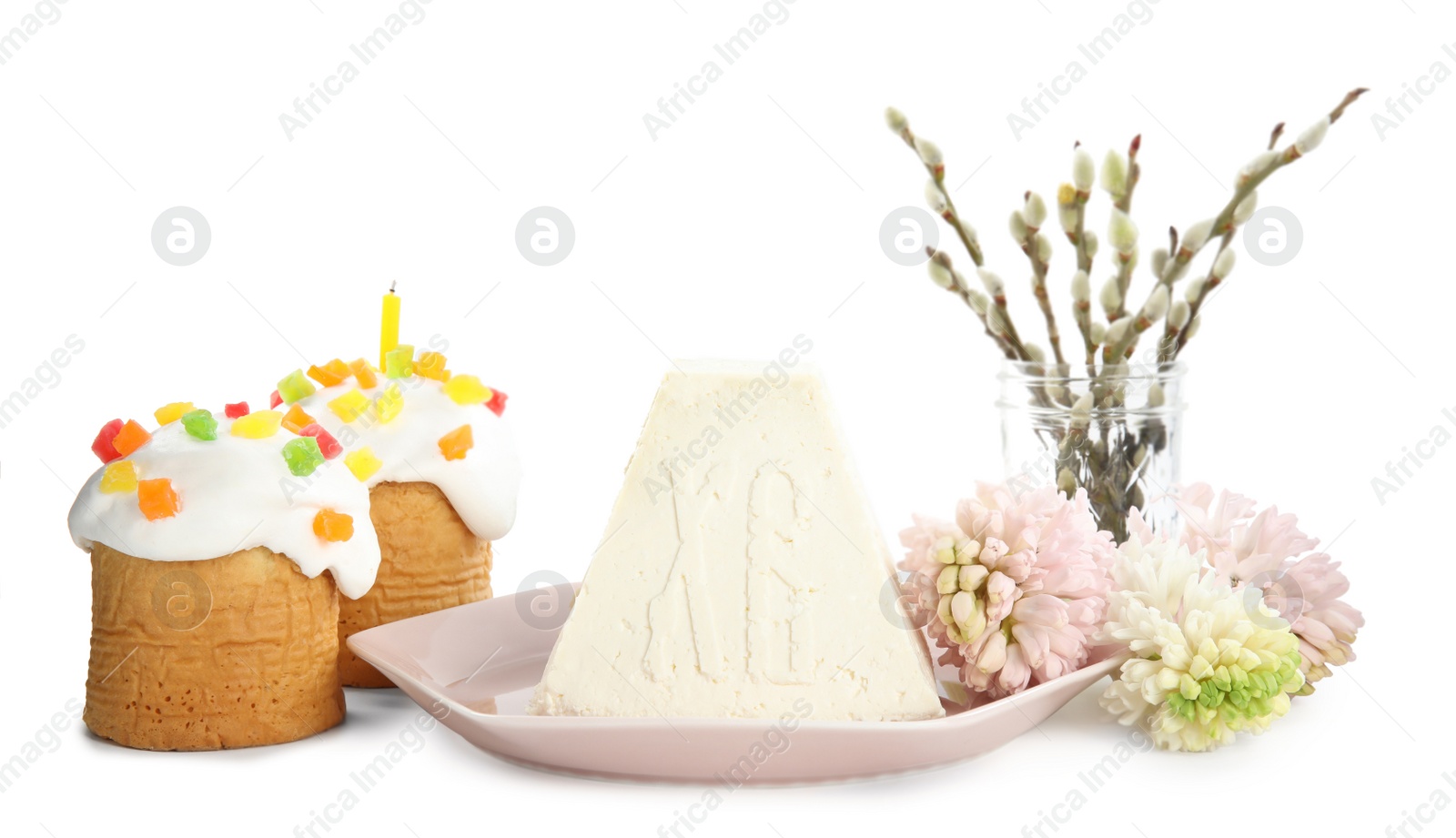 Photo of Composition with traditional cottage cheese Easter paskha on white background