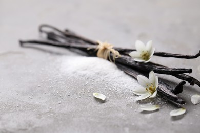 Photo of Vanilla pods, sugar, flowers and petals on gray textured table, closeup