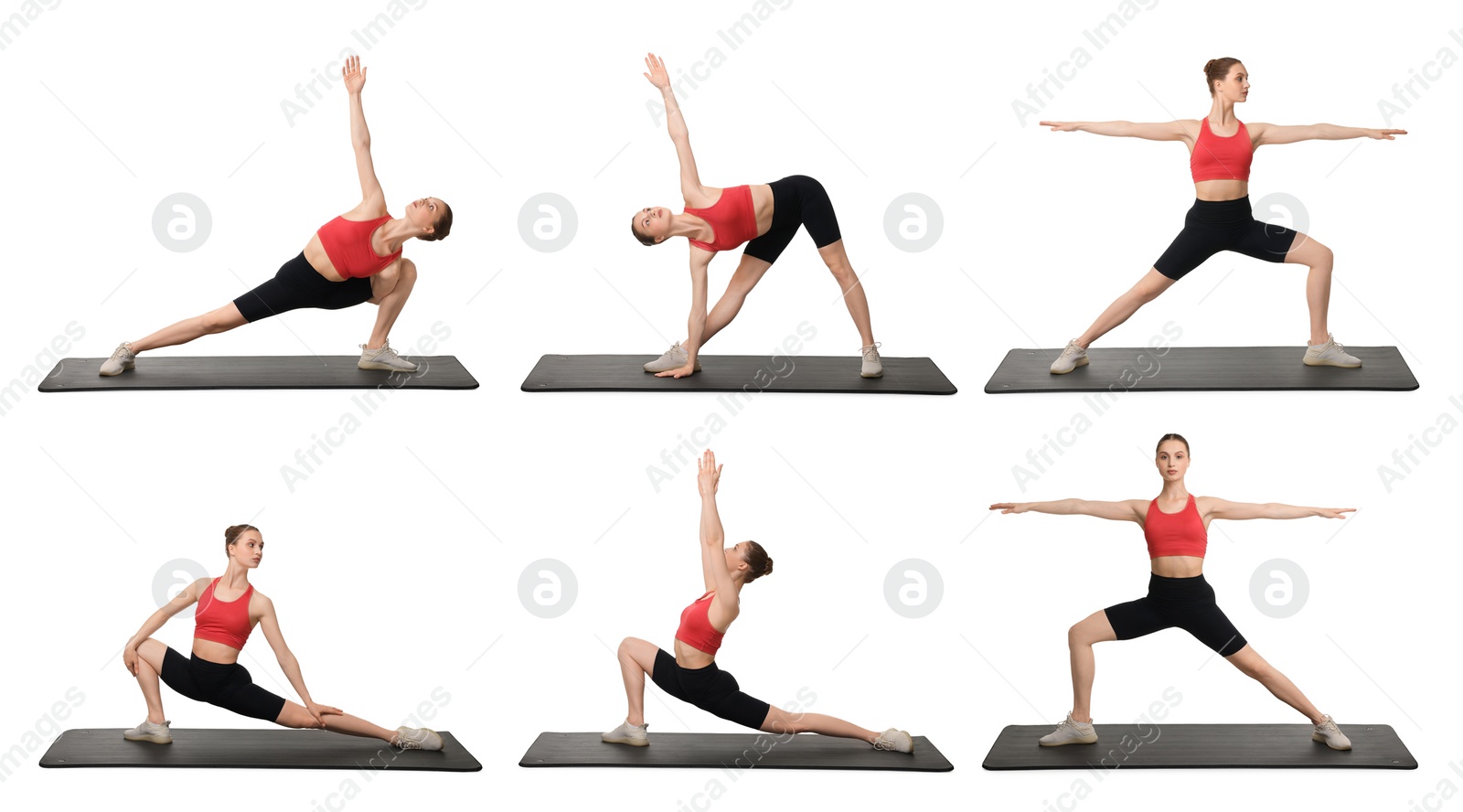 Image of Young woman practicing yoga on white background. Collage with different asanas