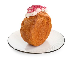 Round croissant with cream isolated on white. Tasty puff pastry