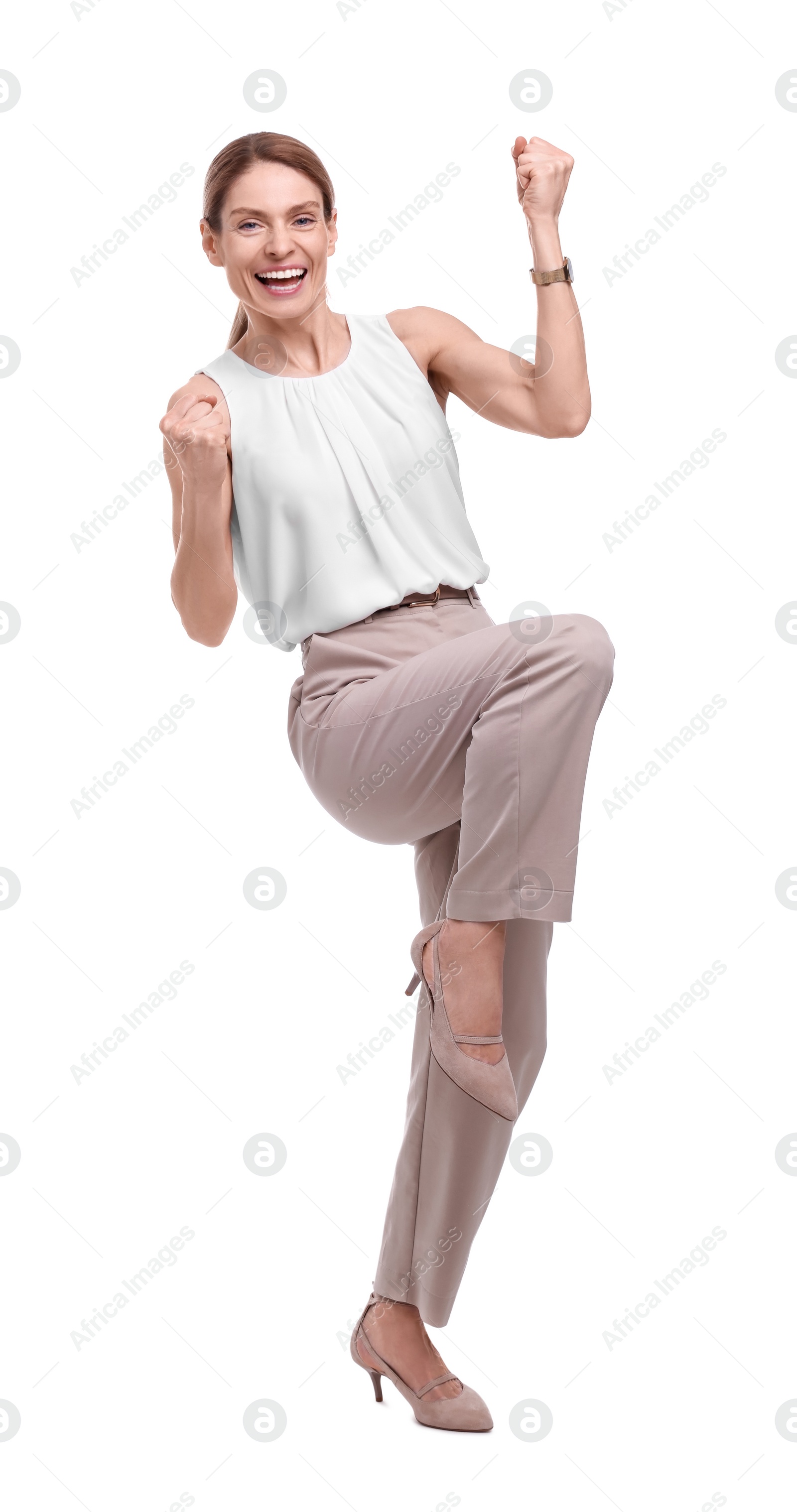 Photo of Full length portrait of beautiful excited businesswoman on white background