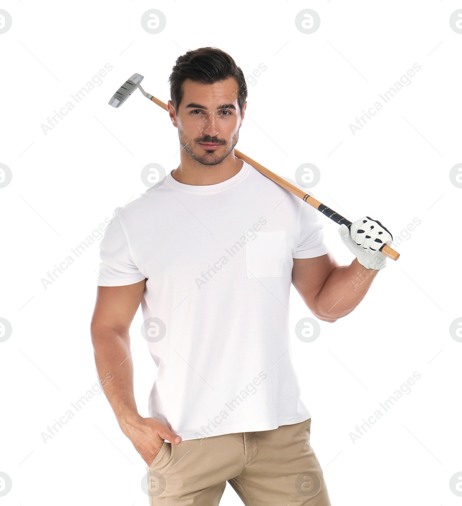 Photo of Young man posing with golf club on white background