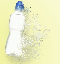 Image of Bottle of water vanishing on color background. Decomposition of plastic pollution